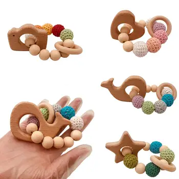 

Baby Toy Wooden Pram Clip Pacifier Baby Wooden Beads Baby Bracelet Wheal Heart Star Camera Shape Teething Teether Toy
