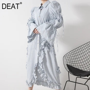 

DEAT 2020 New Spring High FashionSpring Original Design Lantern Sleeve Frenulum Waist Drawstring Plaid Asymmetrical Dress WE0940