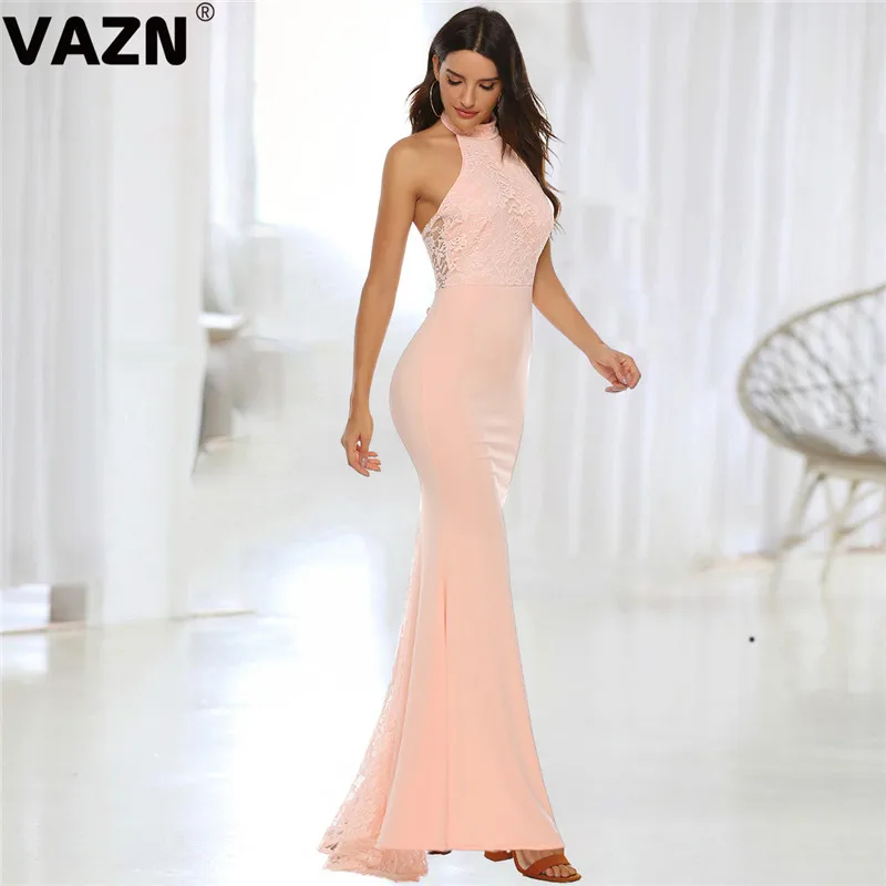 VAZN,, открытое, неопрятное, сексуальное, Клубное, модное, однотонное, с бретелькой через шею, без рукавов, с открытой спиной, женское, высокая талия, тонкое, Русалка, макси платье
