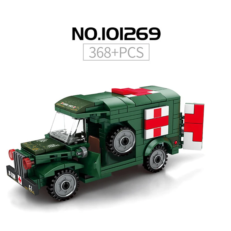 

Army WW2 Ambulance Car Building Blocks Set Creative Military Car Soldiers Figures Bricks Children Educational Blocks Toys