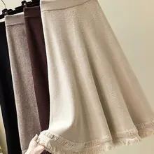 Трикотажная юбка с кисточками и необработанным краем, Женская юбка с высокой талией, тонкая юбка трапециевидной формы, Толстая шерстяная базовая юбка, юбка, Зимняя юбка