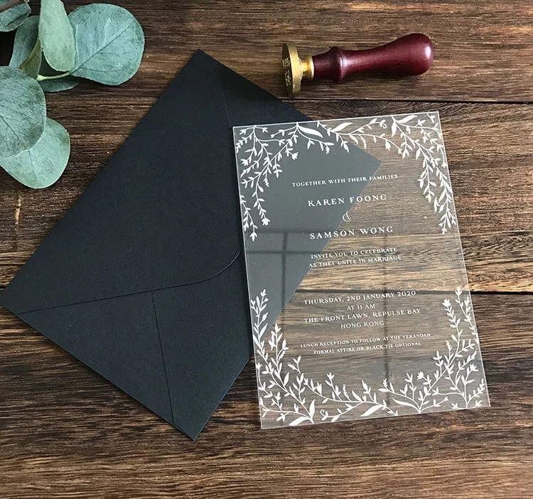  2020 white print clear acrylic wedding invitation with leaves design - 33008334706