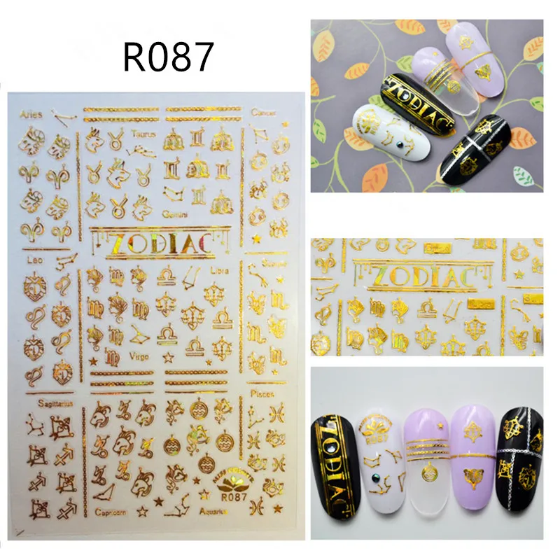 R087 gold 1 шт., 3D наклейки для ногтей, голографические золотые металлические переводные наклейки, наклейки для маникюра в виде листьев кокосовой пальмы, украшения для ногтей - Цвет: R087 gold