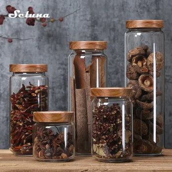 

Wood Lid Glass Airtight Canister Kitchen Storage Bottles Jars Food Container Grains Tea Coffee Beans Grains Candy Jar Containers