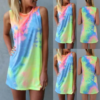 

Women Ladies Summer Short Dress Holiday Beach Casual Loose Rainbow Tie Dyeing Sundress New Fashion