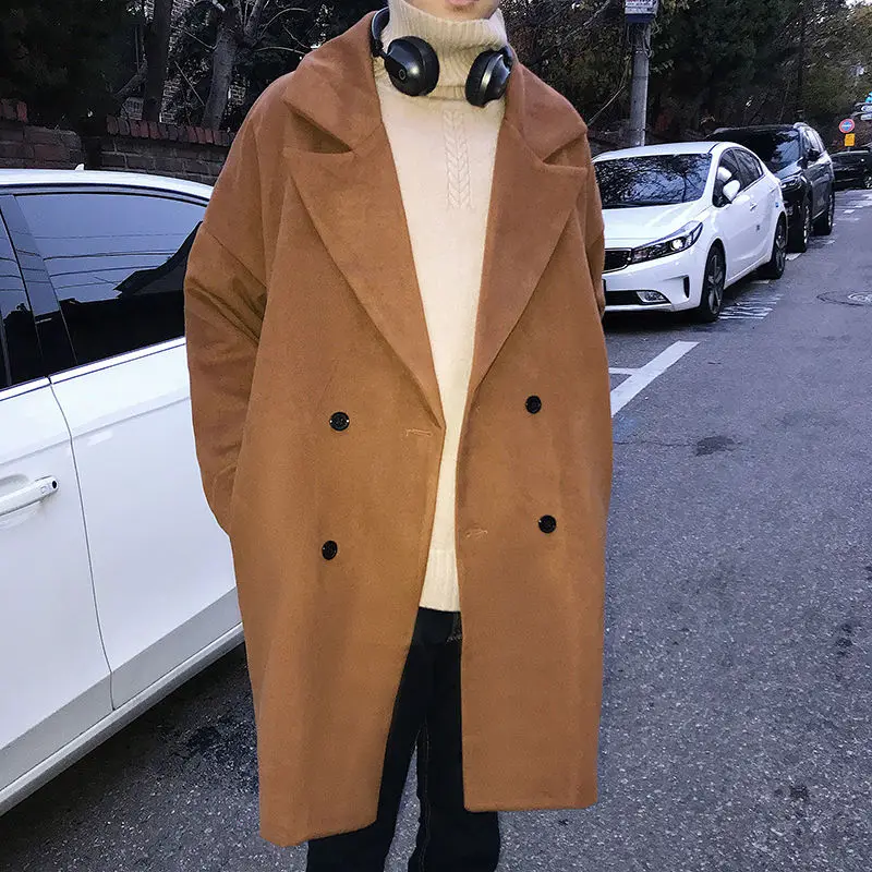 

Winter Woolen Coat Men's Fashion Retro Casual Long Coat Men Streetwear Loose Korean Style Oversize Woolen Jacket Mens Overcoat