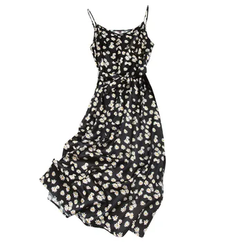 

Daisy Print Summer Dress Women Satin 100% Silk Sexy Spaghetti Strap Sashes Hem Split 2020 New Fashion French Chic Robe Vestidos