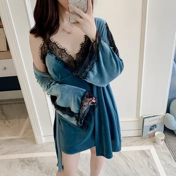 

2PCS Robe Set Intimate Lingerie Sleepwear Women Velour Lace Sexy Kimono Bathrobe Gown Homewear Lounge Home Dressing Gown
