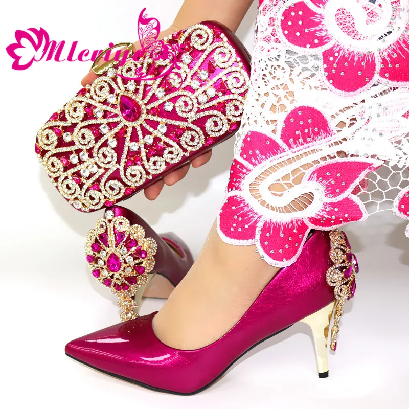 

Ladies Matching Shoes and Bag Party Set Fuchsia Italian Fashion Big Heel Shoes with Bag Set In Italy 38-42