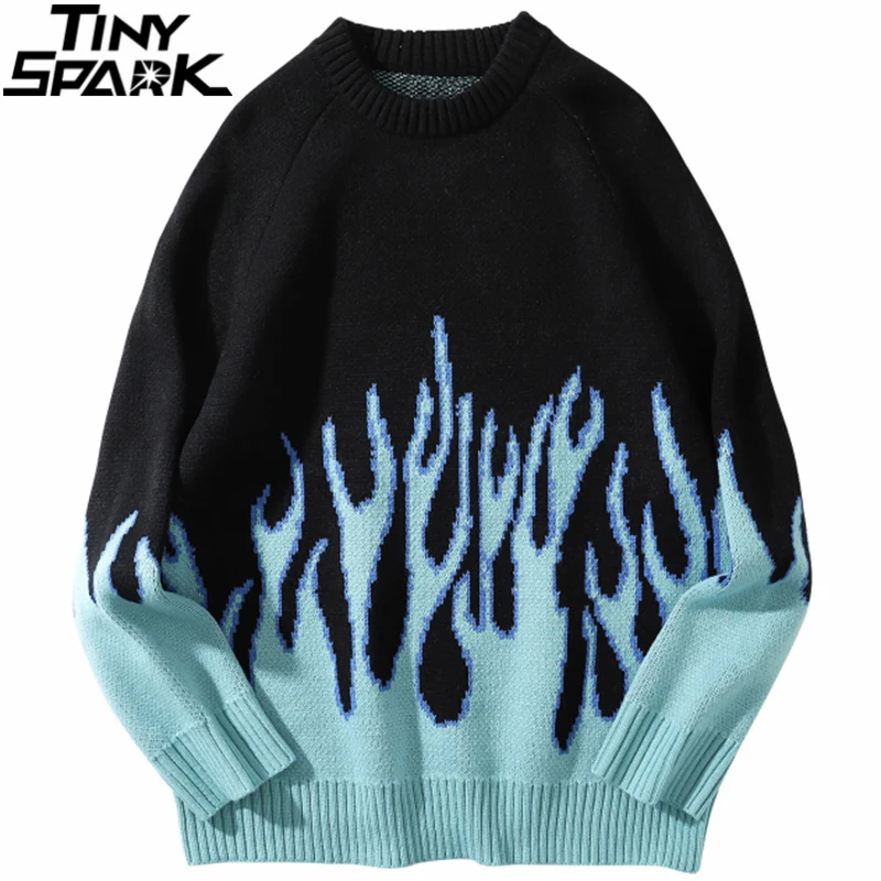 Sweater Pullover Fire-Flame Streetwear Vintage Hiphop Harajuku Loose Retro Blue Mens