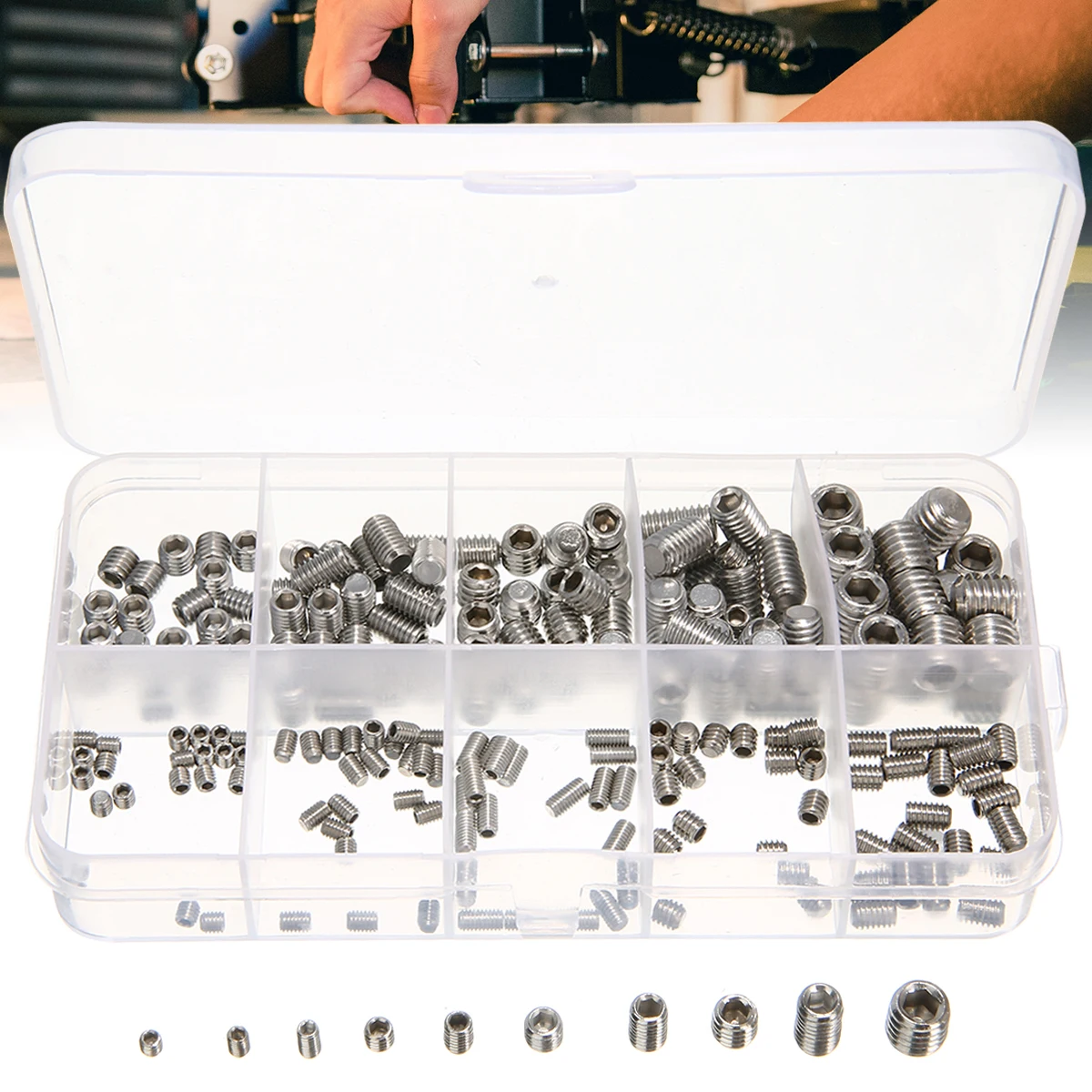 

220Pcs Mixed Stainless Steel Hex Socket Screw Set Allen Head Socket Hex Grub Screw Fastening Screw Assortment kit 10 Models