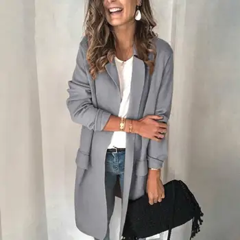 

Office Lady Autumn Solid Color Lapel Collar Pockets Decor Blazer Jacket