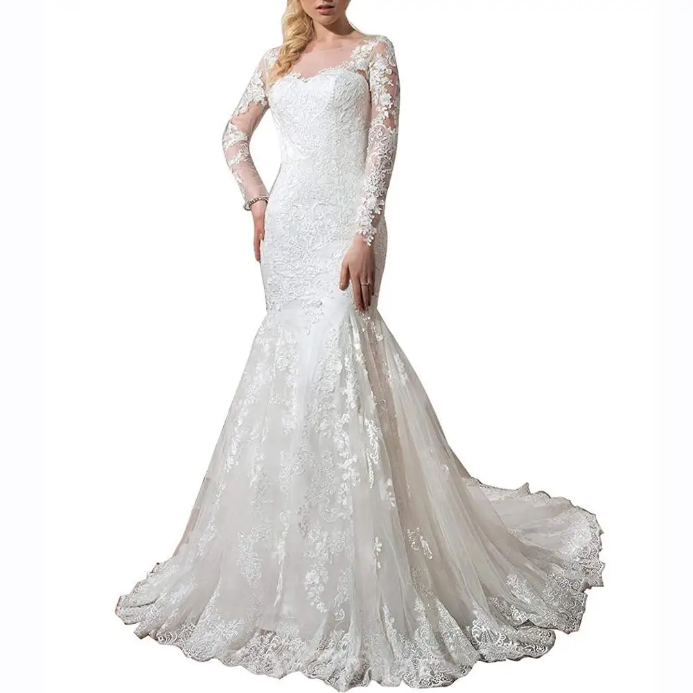 

Lace Vintage Long Sleeve Mermaid Wedding Dress Buttons Robe De Mariйe Sheer Corset Bodice Wedding Gowns For Slim Brides