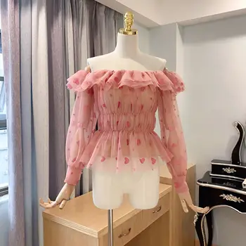 

Mesh Lace Women Shirt Ruffled Off Shoulder Summer New 2020 Ladies Blouses and Tops Fashion Temperament Women Clothing