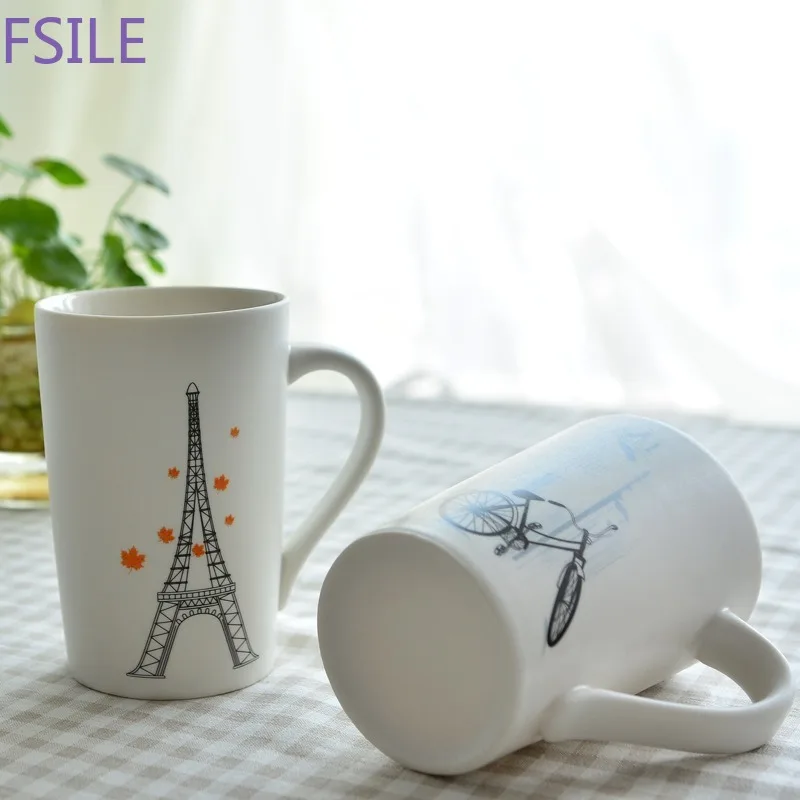 Fsile Creative Pattern Heat-resistant Mug 400ml Cup with Lid Spoon Milk Coffee Ceramic Cup Couple Cup Office Drinking Cup Gift