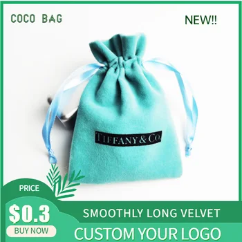 

Custom Logo Tiffany-Blue Velvet Bag Soft Flannel Drawstring Storage Pouches Jewelry Beads Containers Gift Bags