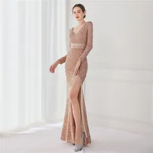

New Long Sleeve Maxi Evening Dresses Luxury Women Sequin Shiny robes de soirée Party Gowns with Slit V Neck Prom Dress Vestidos