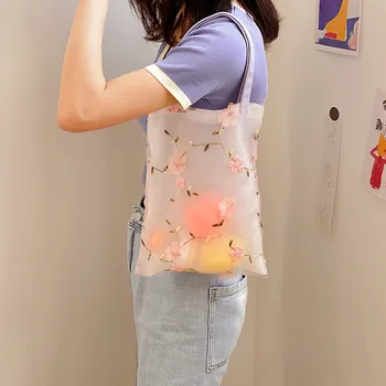 

summer fashion fairy style wild three-dimensional flower embroidery casual shoulder bag protection convenient Clear shopping bag