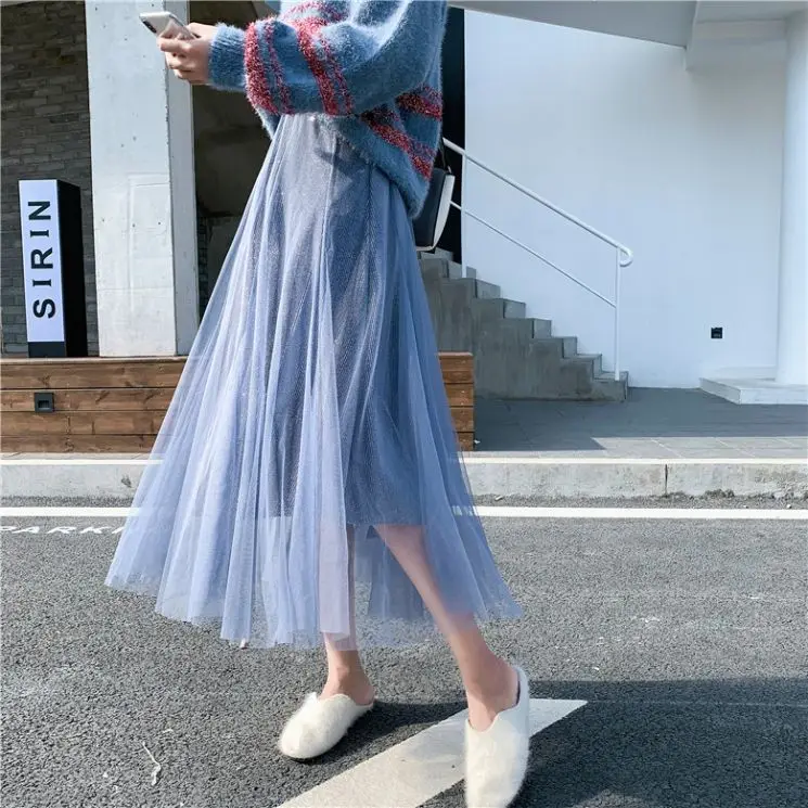 

Autumn Metallic Velvet Patchwork Maxi Long Tulle Skirts Elastic Waist Flared Spliced Pleuche Ankle Long Mesh Swing Skirts