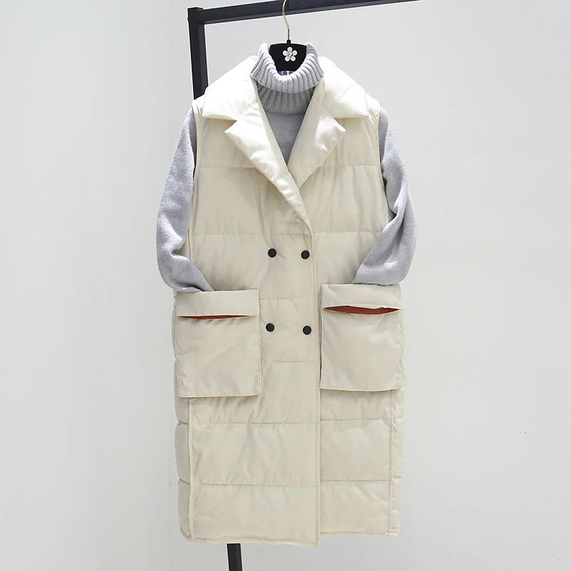 Зимний длинный жилет без рукавов, пальто, утепленная теплая куртка с хлопковой подкладкой, жилеты, модный большой карман для женщин, Veste kz038