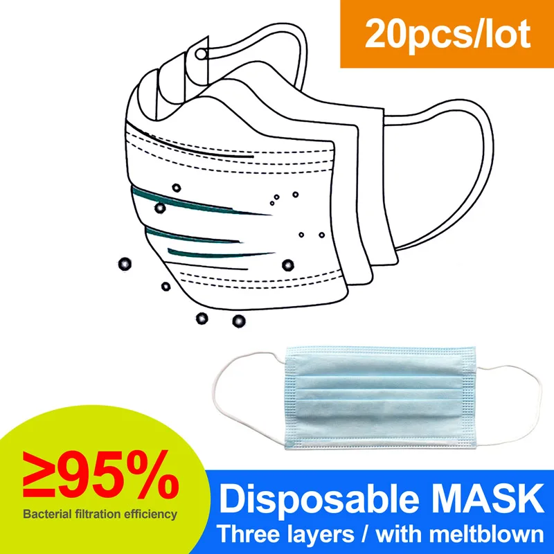 

20PCS/lot Disposable Protective mask Three layers Anti droplet with meltblown