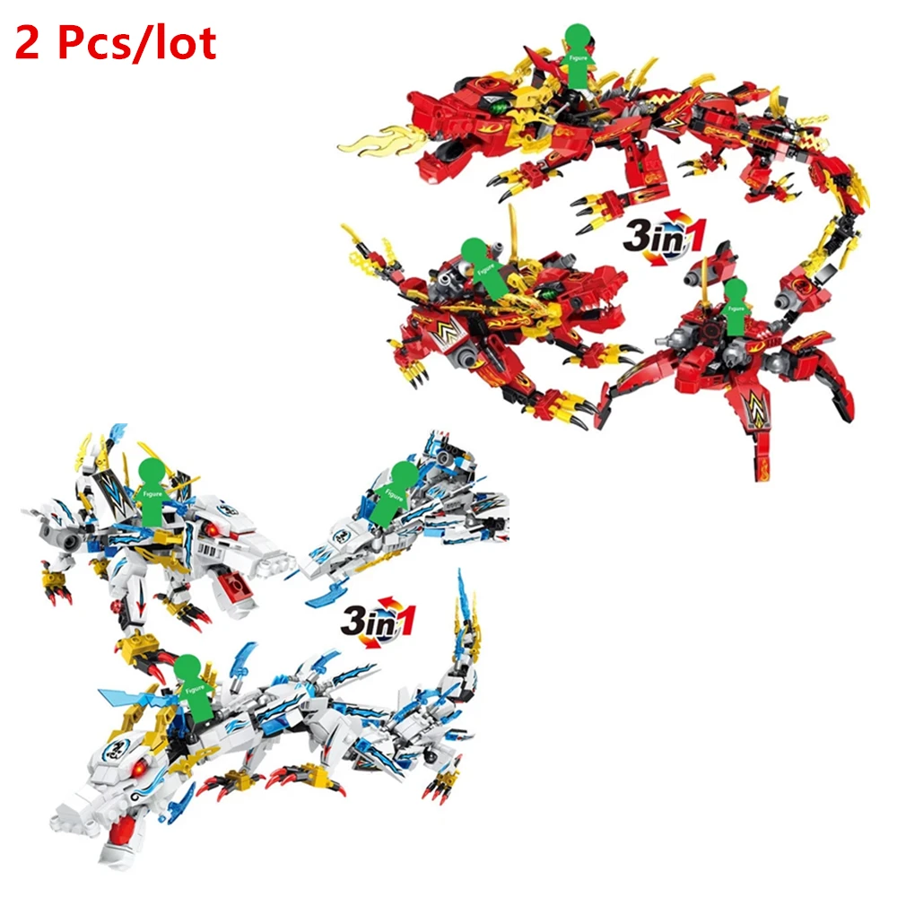 

2 Pcs/lot 2019 NEW 3 in 1 Ninja Dragon Knight Building Blocks Sets Bricks Ninja Movie Figure Model Kids Toys Gifts
