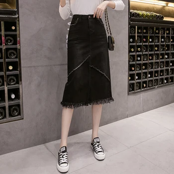 

Plus Size Black Midi Denim Skirt For Women High Waist Stretch Denim Skirt Woman Tassel Knee Length Slim Denim Bodycon Skirts