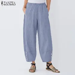 ZANZEA Женские полосатые широкие эластичные повседневные брюки Талия шаровары женские карманы брюки винтажные свободные Панталоны плюс
