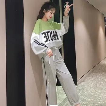 

Women's Sets Pants Female T-shirt Pattern Patchwork Sports Style Top Pants 2 Pieces Sets Conjunto Femenino