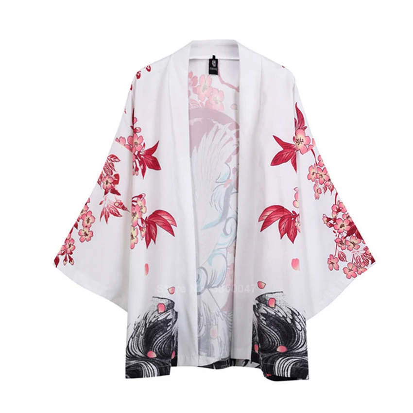 Пара для женщин и мужчин Harajuku свободные кимоно хаори японский стиль тонкий журавль принт самурая повседневное летнее пальто куртка уличная