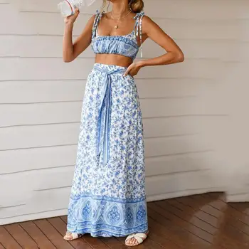 

2Pcs/Set Summer Flower Print Women Bandage Sleeveless Crop Top Wide Leg Pants New Chic