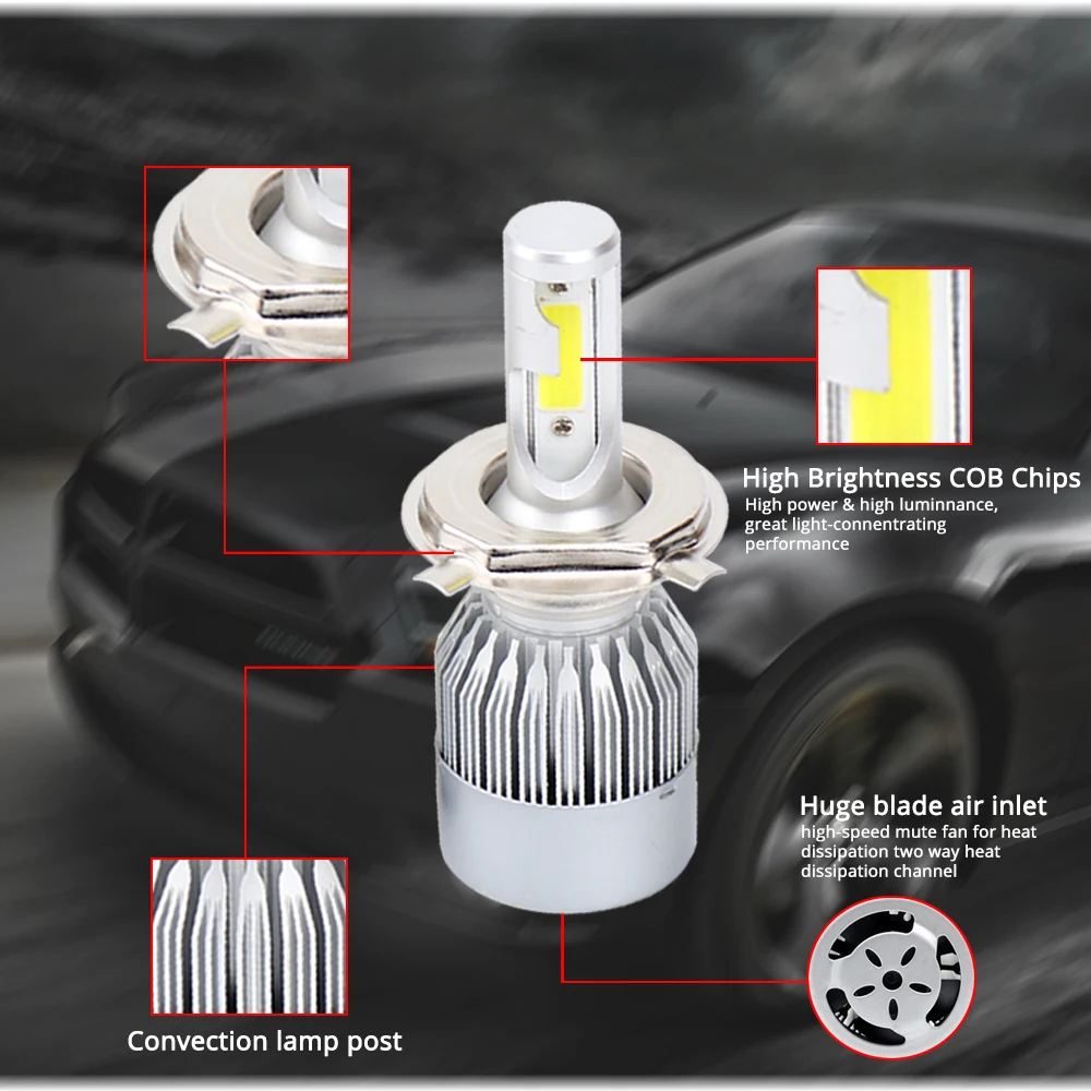 Hviero Car Headlight Fog Light C6 H1 H3 H4 H7 H11 HB3 9005 HB4 9006 COB IP67 WaterProof 72W Auto Front Drl Bulb Automobile Headlamp