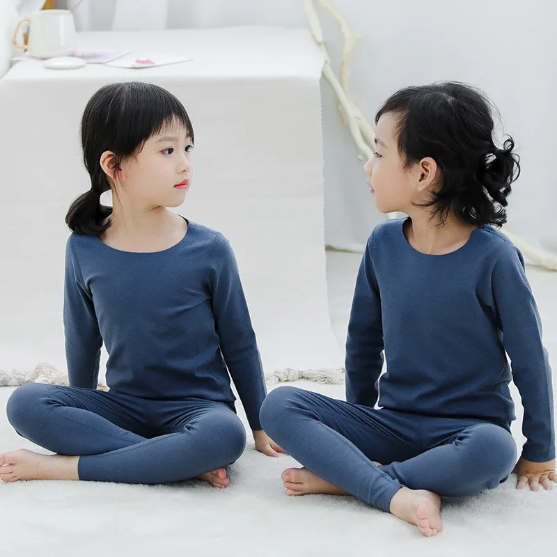 dark blue Осенне-зимнее детское термобелье однотонный костюм из двух предметов Детский Теплый комплект одежды подштанники для мальчиков и девочек, Пижама - Цвет: dark blue