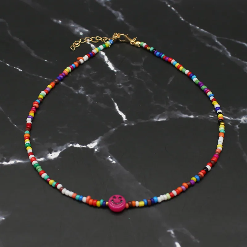 Simple Choker Necklaces Smiley Women Chain Ladies Seed Beads Pendant Girls Jewelry Colorful Trendy Korean Collares