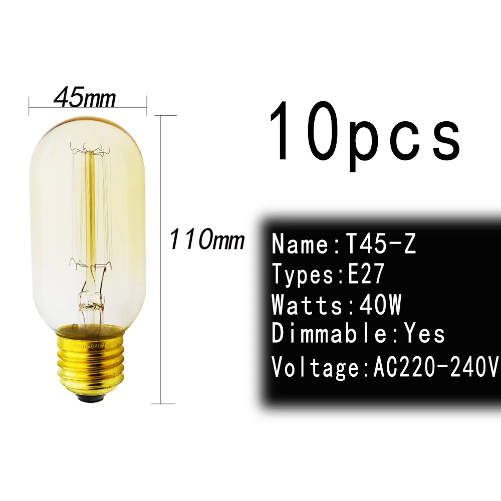 10 шт./лот T30 T45 Винтаж Эдисон лампы E27 220V 40 W, антикварная старинная лампа накаливания со стеклянным колпаком четыре петли дизайнерский Декор с функцией дневного света - Цвет: 10pcs T45-Z