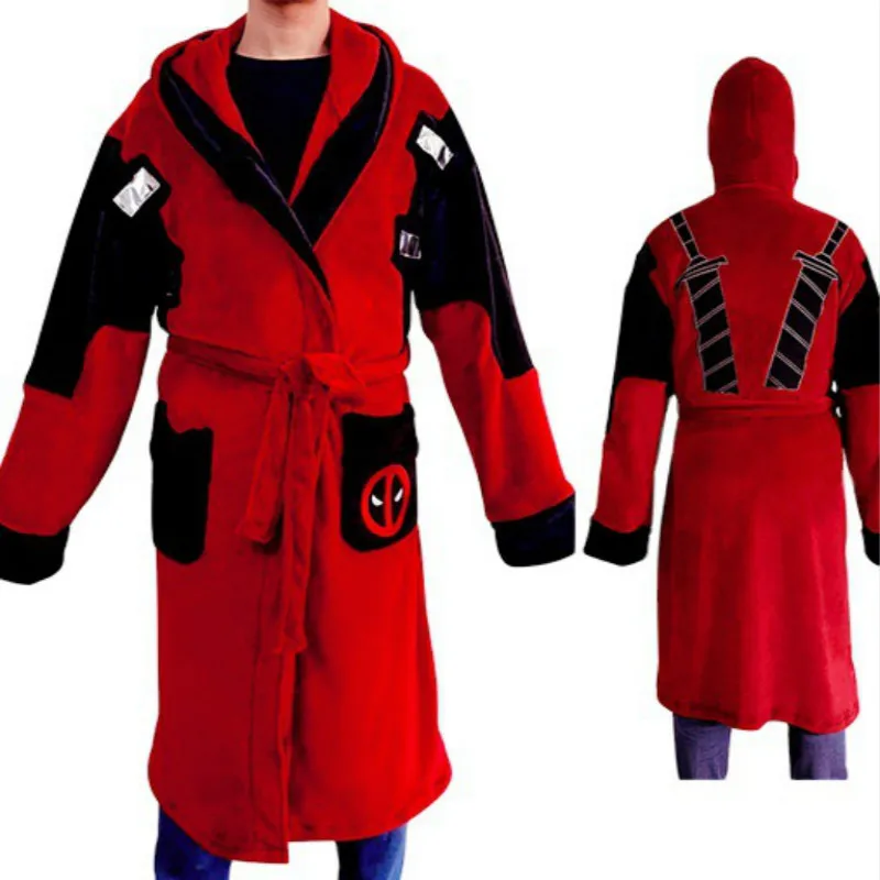 

Anime Cosplay Anti-hero Deadpool Costume Bathrobe Flannel Warm Nightgown Robe Hooded Pajamas Men Winter Sleepwear C100M103