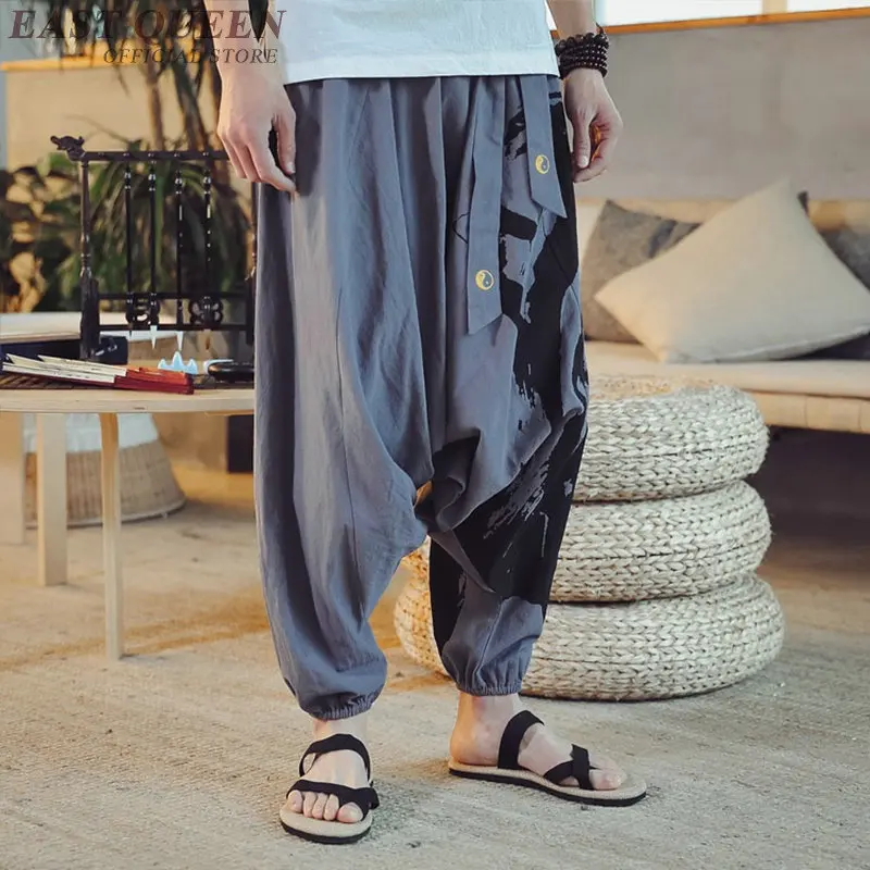 Китайский стиль шаровары винтажные свободные крестовые брюки уличная одежда японские брюки хиппи брюки мужские брюки-кимоно KK2929