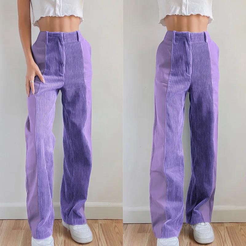 

Women Straight Wide Leg Pants 2021 Autumn Winter Loose Solid Color Corduroy Color Matching Casual High Waist Pants Long Trousers