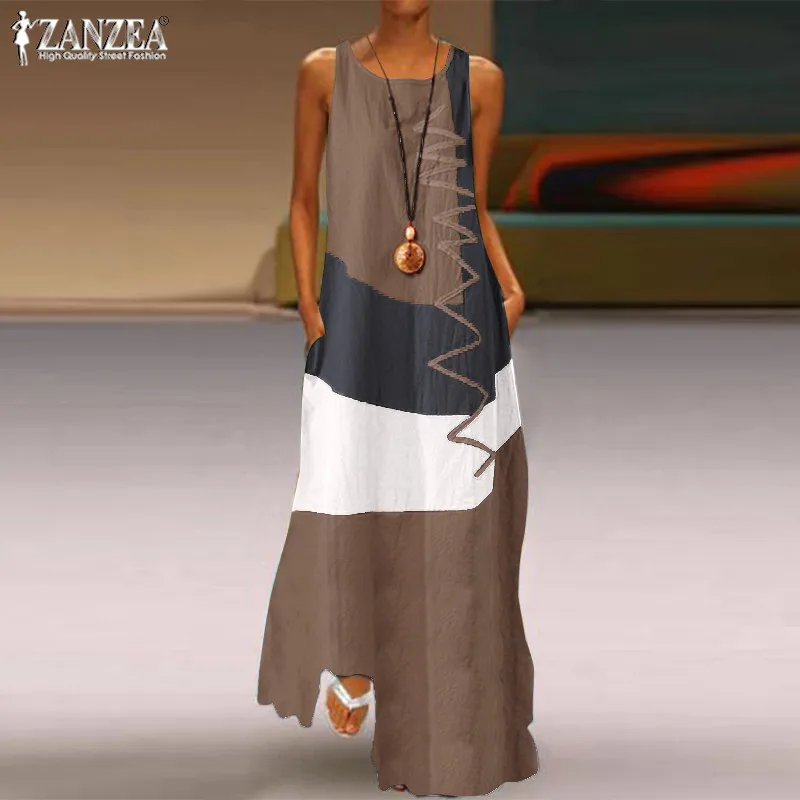 Летний винтажный сарафан для вечеринки ZANZEA женское платье без рукавов на бретелях повседневное цветное хлопковое длинное платье Vestidos женское платье