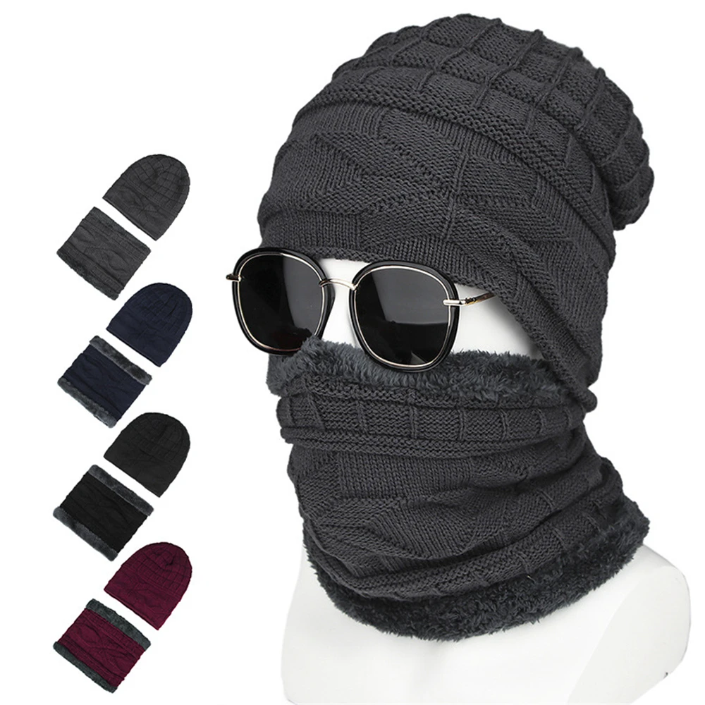 

Helisopus New 2piece Set Knitted Hats Autumn Winter Warm Solid Color Elastic Plush Scarves Hat Unisex Outdoor Riding Beanies