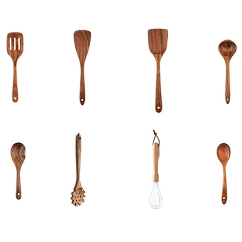 

8 Pcs Wooden Kitchen Utensils, Natural Teak Tableware Set, Cooking Nonstick Cookware Set Spatula