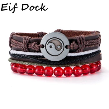 

Eif Dock 3pcs/Set Yin Yang Bracelet Handmade Braided Leather Bracelets Tai Chi Red Glass Beads Bangles Punk Jewelry For Men Gift