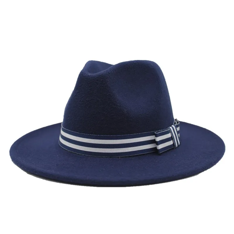 Зимняя шерстяная шляпа Fedora для wo мужская фетровая шляпка с широкими полями женская Трилби Chapeu Feminino шляпа мужская Джаз церковь Крестный отец шляпы сомбреро - Цвет: Navy