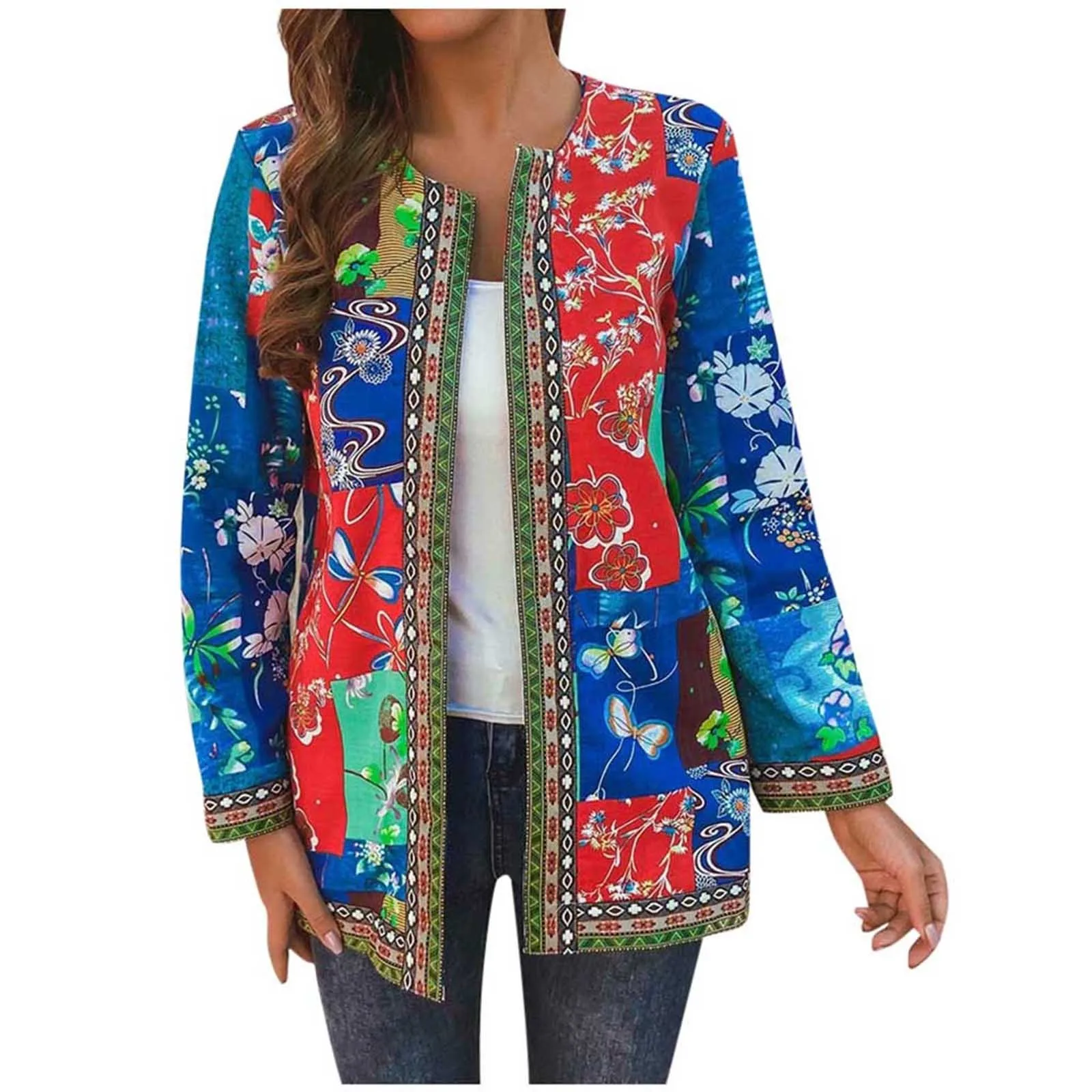 Women Loose Coat Fashion Jacket Vintage Ethnic Style Floral Print Long Sleeve Plus Size Cotton Пальто Женское *8 |