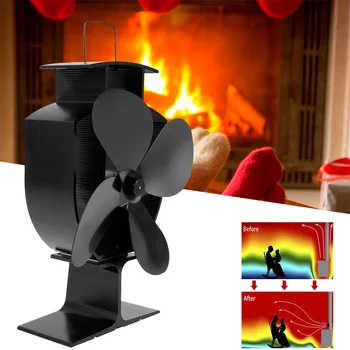 

Black Fireplace 4 Blade Heat Powered Stove Fan Wood Burner Eco Friendly Quiet Fan Home Efficient Heat Distribution Stove Fan