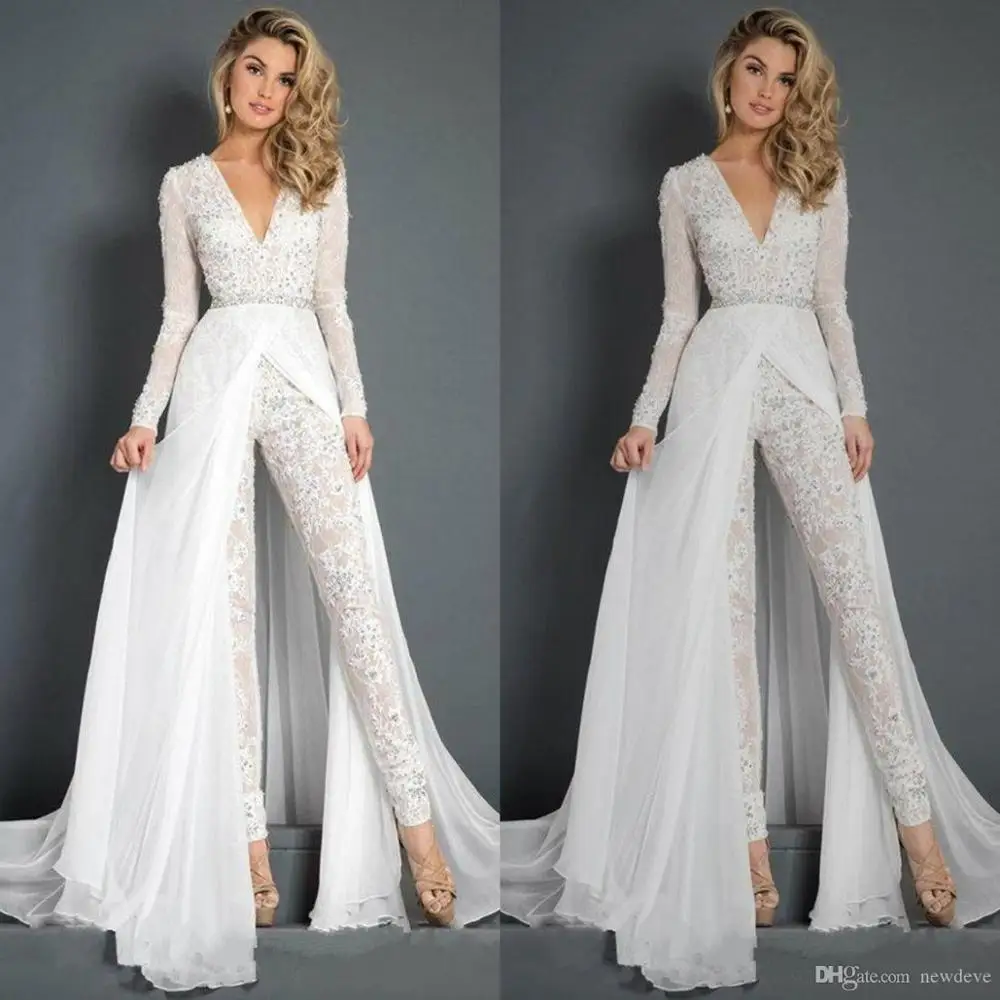 White Jumpsuits Prom Dresses Beaded 