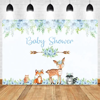 

Neoback Baby Shower Photography Backdrop Animal Cartoon Blue Flower Newborn Photo Background Arrow Deer Fox Squirrel Bird