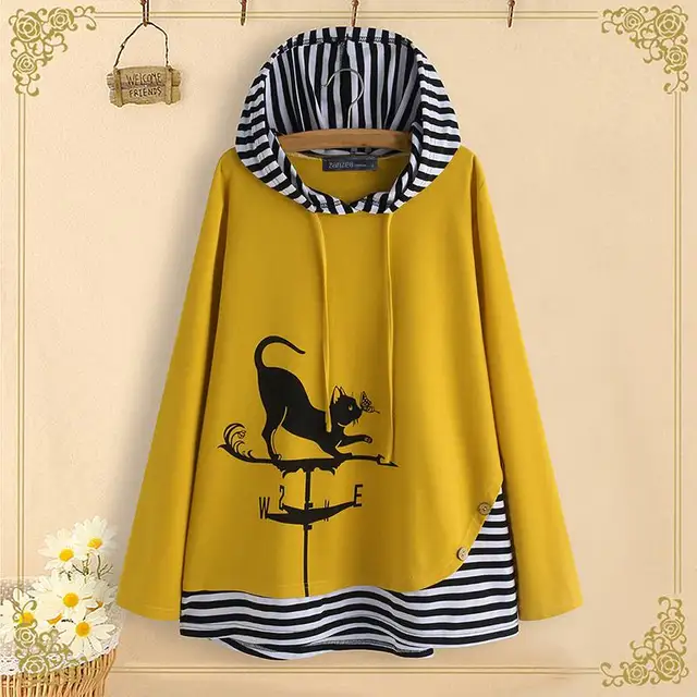US $13.72 M 5XL ZANZEA Sping Patchwork Shirts Women Cat Cartoon Print Tunic Tops Hooded Striped Long Sleeve P