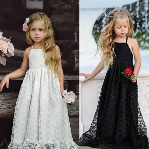 2018 New Princess Girl Halter Lace Dress Sleeveless Backless Summer Kid Baby Wedding Party Strap Long Maxi | Детская одежда и