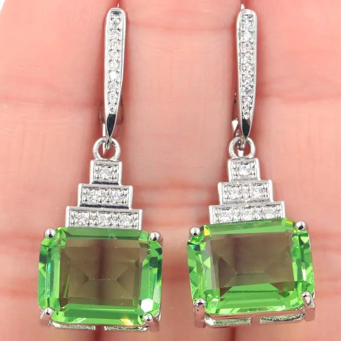 

38x14mm Gorgeous Green Tsavorite Garnet White CZ SheCrown Woman's Silver Earrings